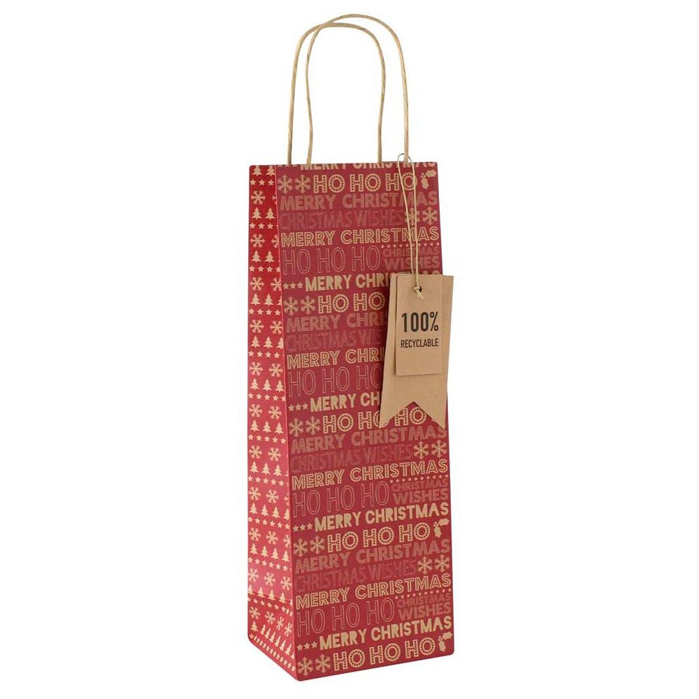 Пакет бумажный подарочный "Kraft Xmas text" для бутылки, 12.7x9x35.5 см, разноцветный