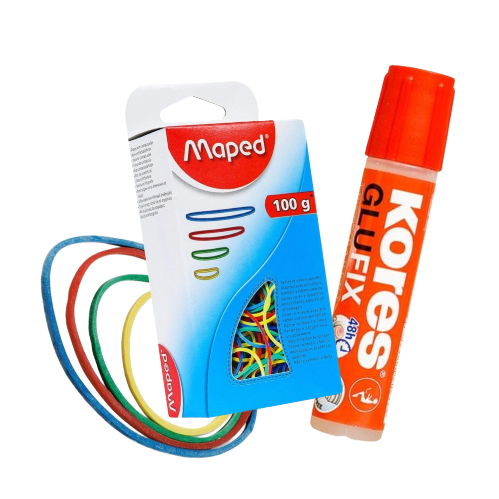 Набор клей бумажный Kores "Glu Fix" + резинки канцелярские Maped "BANDS"