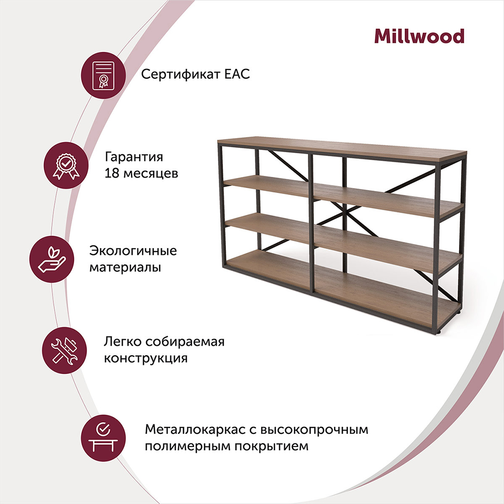 Стеллаж "Loft ОR-1", 1600х350х900 мм, черный, табачный крафт