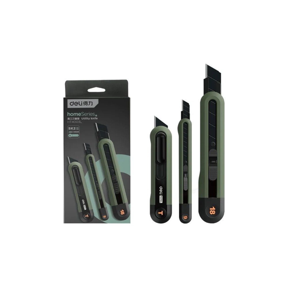 Набор ножей строительных Deli HSEHT4003L, 3 шт (ножи 9мм/18мм/трапеция), Soft Touch, зеленый - 2